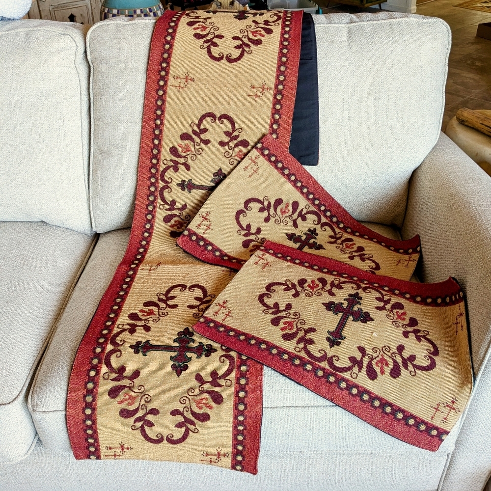 Western Cross Jacquard Tapestry Table Runner and Two Placemats
